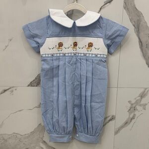 Smocked Blue Gingham Baby Romper with Lion Embroidery